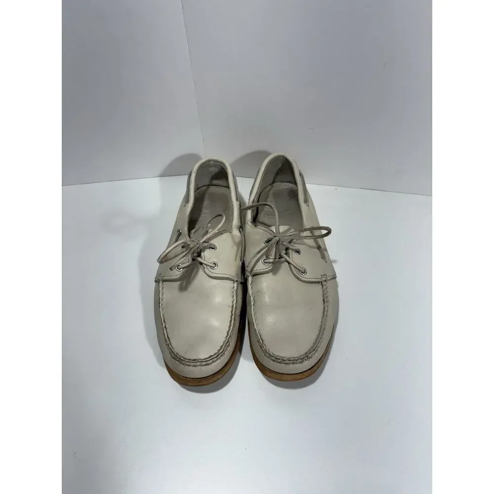Vintage RHM Dockwear Mens Beige Leather Hand Sewed Shoe Sider‎ Docksider Sz 10.5